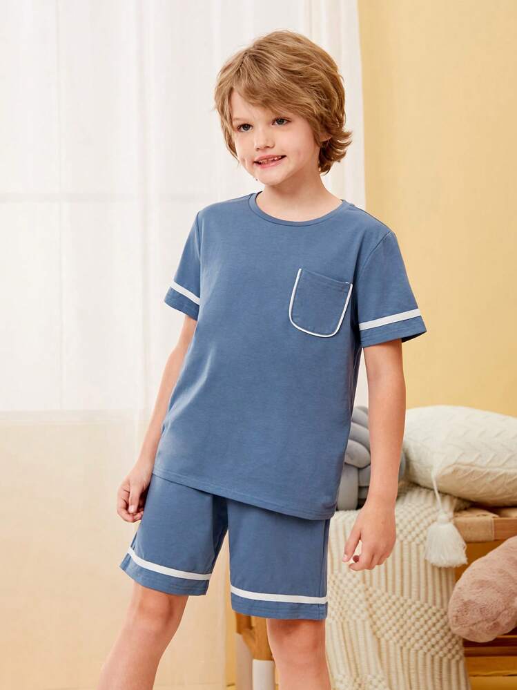 SHEIN Boys' Summer Casual Blue Colorblock Rolled Hem Short Sleeve T-shirt And Shorts 2pcs/set - Dusty Blue - View 2