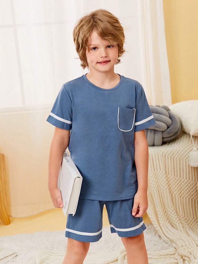 SHEIN Boys' Summer Casual Blue Colorblock Rolled Hem Short Sleeve T-shirt And Shorts 2pcs/set - Dusty Blue - View 5