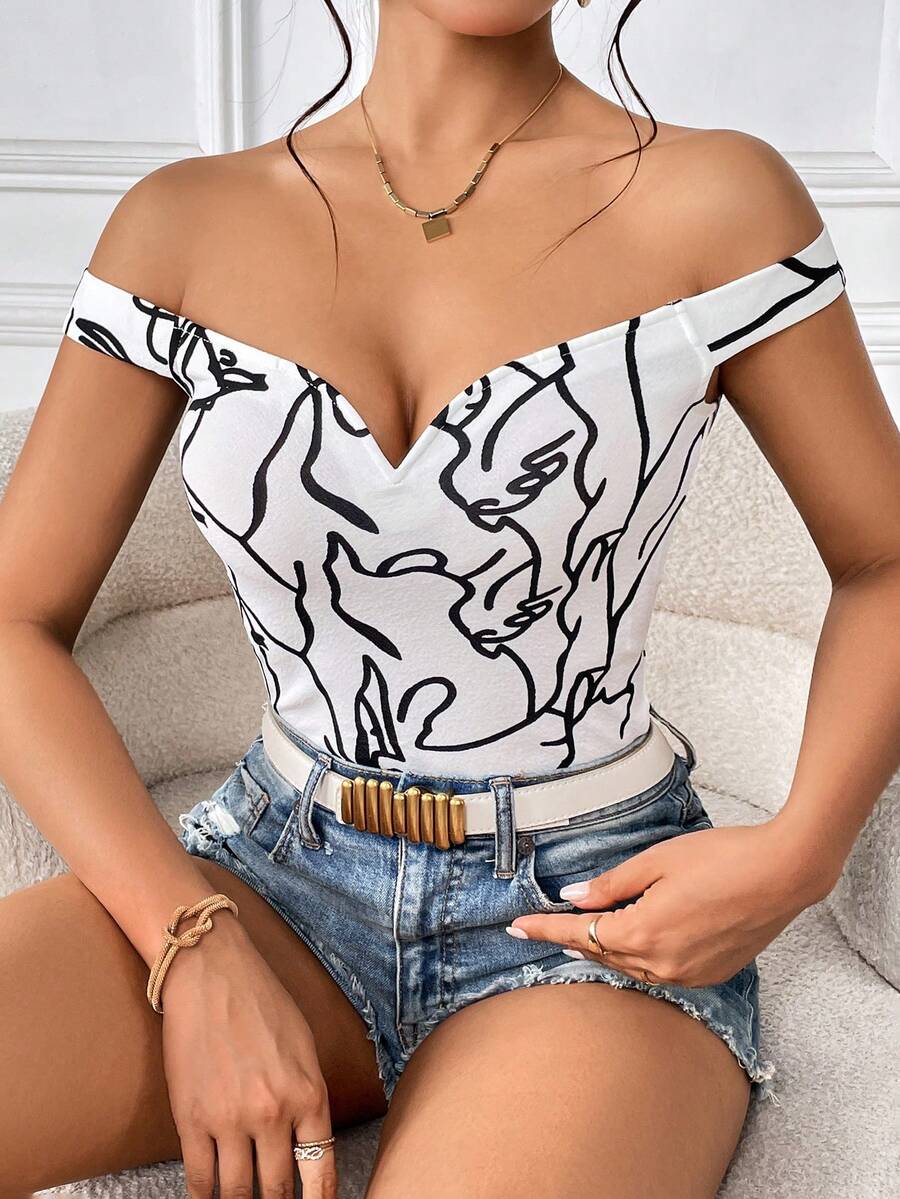 SHEIN Privé Abstract Figure Graphic Off Shoulder Top - White - View 1