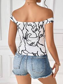 SHEIN Privé Abstract Figure Graphic Off Shoulder Top - White - View 2