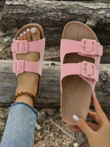 女士透气双扣装饰鞋床凉鞋，时尚粉色仿麂皮平底凉鞋 - 粉色 - 查看 1