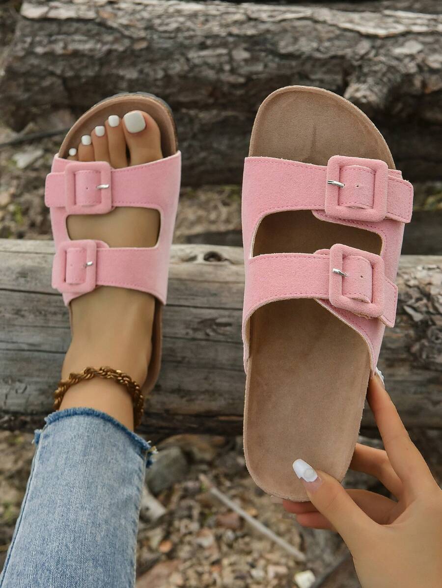 女士透气双扣装饰鞋床凉鞋，时尚粉色仿麂皮平底凉鞋 - 粉色 - 查看 1