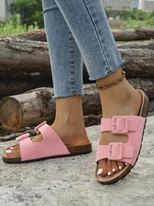 女士透气双扣装饰鞋床凉鞋，时尚粉色仿麂皮平底凉鞋 - 粉色 - 查看 2