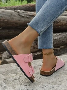 女士透气双扣装饰鞋床凉鞋，时尚粉色仿麂皮平底凉鞋 - 粉色 - 查看 4