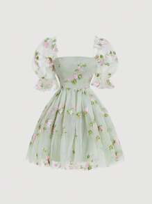 SHEIN MOD Puff Sleeve Floral Embroidery Mesh Overlay Green Summer Short Sleeves Dress,Pastel Dresses For Women