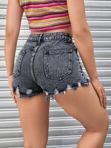 破洞毛邊牛仔短褲 - 灰色 - 查看 2