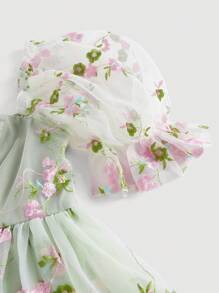 SHEIN MOD Puff Sleeve Floral Embroidery Mesh Overlay Green Summer Short Sleeves Dress,Pastel Dresses For Women