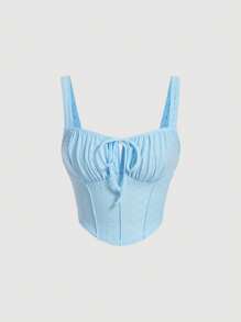 SHEIN MOD 胸部褶皺前繫帶寬肩帶上衣 - 淺藍色 - 查看 1
