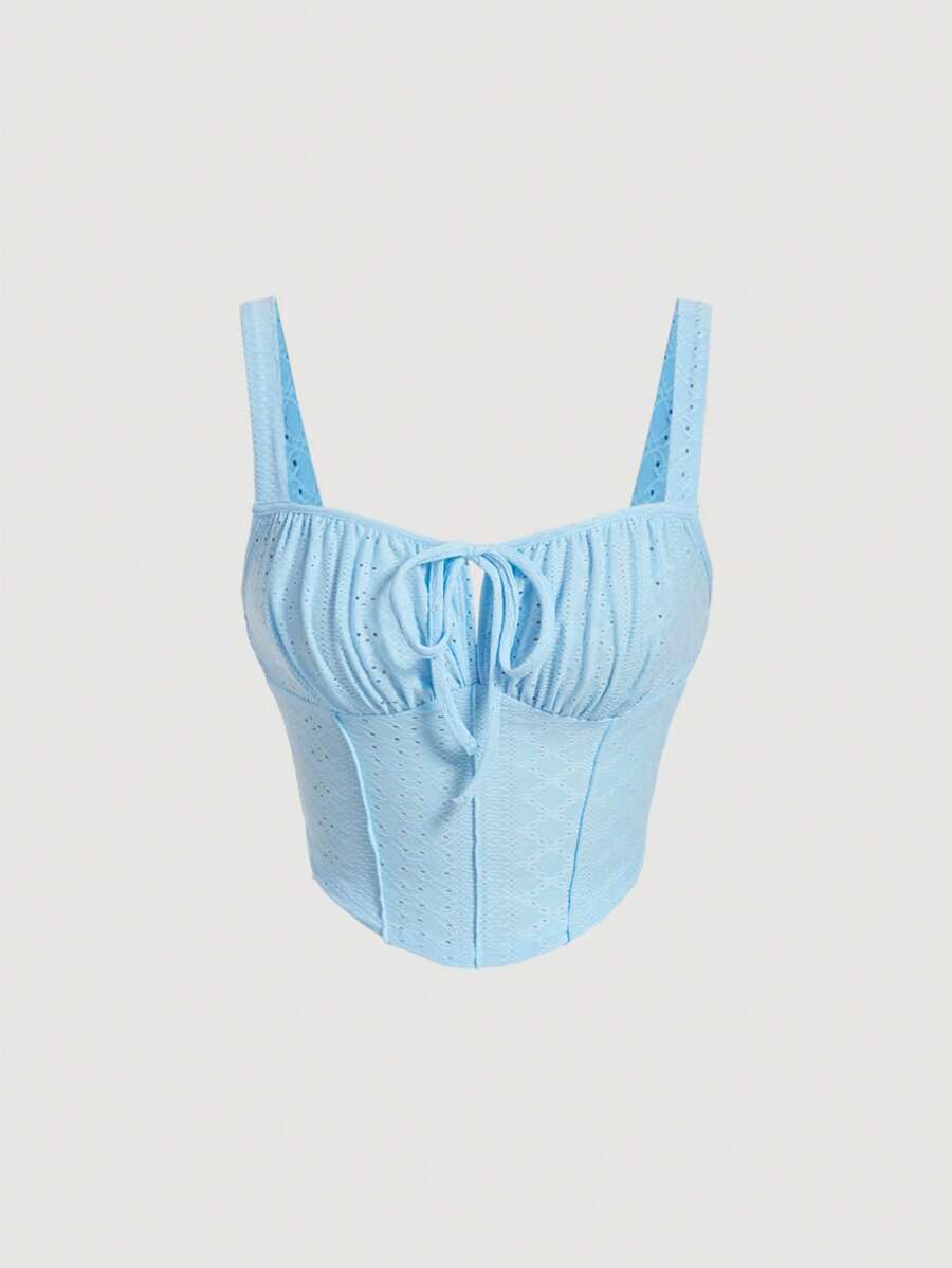 SHEIN MOD 胸部褶皺前繫帶寬肩帶上衣 - 淺藍色 - 查看 1