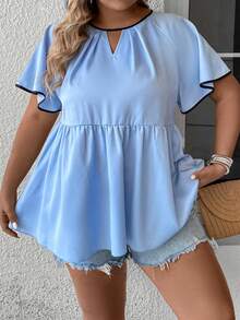 SHEIN Clasi 大碼撞色滾邊鎖眼領蝴蝶袖荷葉邊下擺襯衫 - 藍色 - 查看 5