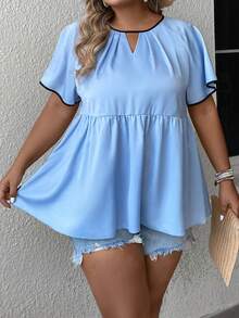 SHEIN Clasi 大碼撞色滾邊鎖眼領蝴蝶袖荷葉邊下擺襯衫 - 藍色 - 查看 6