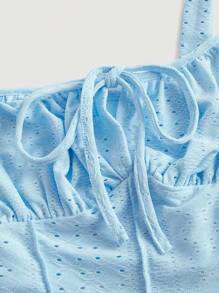 SHEIN MOD 胸部褶皺前繫帶寬肩帶上衣 - 淺藍色 - 查看 4