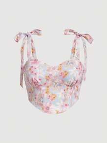 SHEIN MOD Plus Floral Print Tie Shoulder Wide Strap Top - Multicolor - View 1