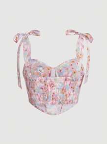 SHEIN MOD Plus Floral Print Tie Shoulder Wide Strap Top - Multicolor - View 2