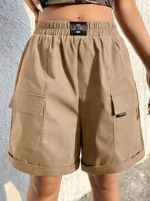 SHEIN EZwear Quần đùi nữ Đắp vá Túi Lá thư Giải trí - Màu Khaki - Xem 1