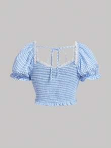 SHEIN MOD Áo sơ mi Plus Size viền lá sen Buộc lại Dải chun Nếp gấp Phần Ngực Kẻ sọc Giải trí - Xanh và trắng - Xem 2