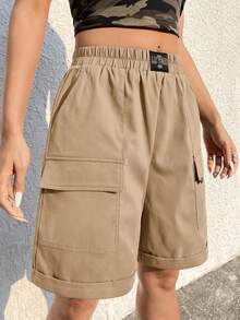 SHEIN EZwear Quần đùi nữ Đắp vá Túi Lá thư Giải trí - Màu Khaki - Xem 5
