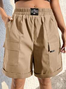 SHEIN EZwear Quần đùi nữ Đắp vá Túi Lá thư Giải trí - Màu Khaki - Xem 6