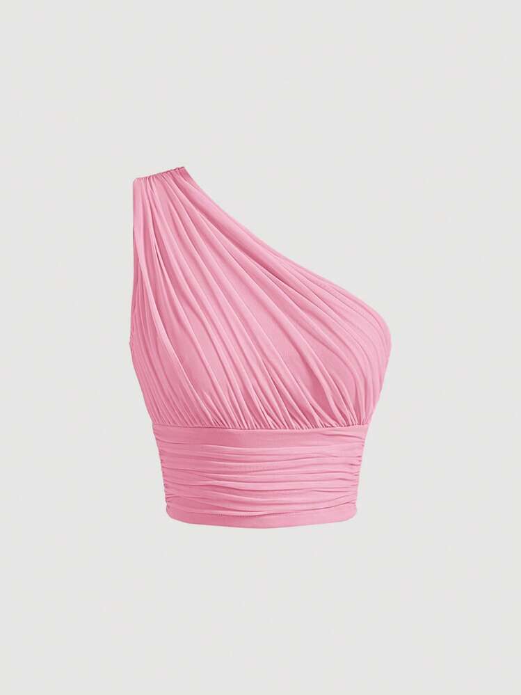 SHEIN MOD 單肩褶邊短款上衣 - 粉色 - 查看 1