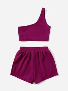 SHEIN EZwear One Shoulder Crop Top & Drawstring Waist Shorts - Red Violet - View 2