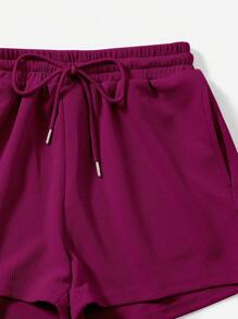 SHEIN EZwear One Shoulder Crop Top & Drawstring Waist Shorts - Red Violet - View 3