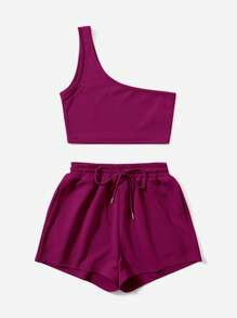 SHEIN EZwear One Shoulder Crop Top & Drawstring Waist Shorts - Red Violet - View 4