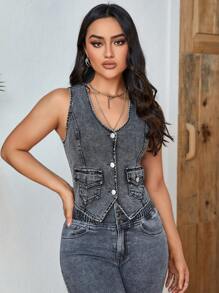 Flap Pocket Button Front Vest Denim Jacket - Grey - View 1