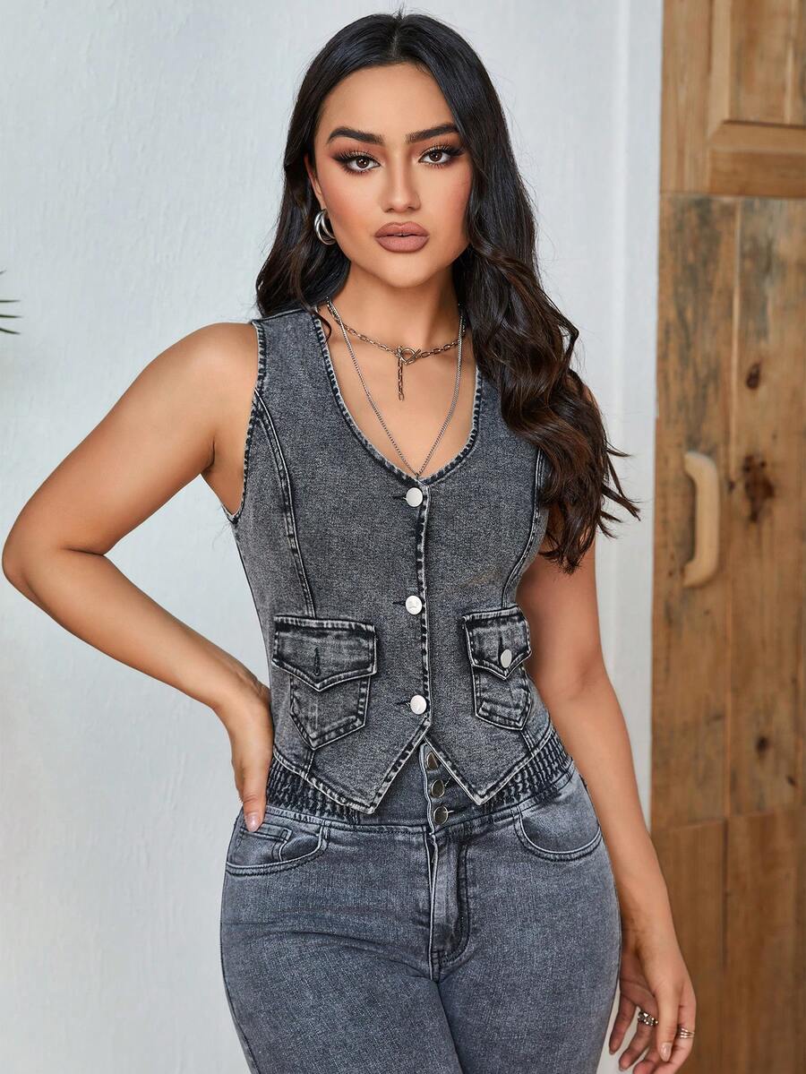 Flap Pocket Button Front Vest Denim Jacket - Grey - View 1