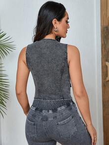 Flap Pocket Button Front Vest Denim Jacket - Grey - View 2