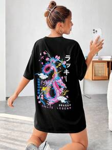 SHEIN EZwear Đầm Thú vật Lá thư Giải trí - màu đen - Xem 5
