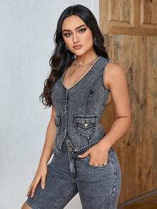 Flap Pocket Button Front Vest Denim Jacket - Grey - View 4