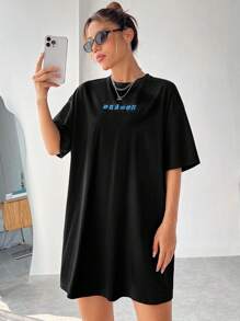 SHEIN EZwear Đầm Thú vật Lá thư Giải trí - màu đen - Xem 2