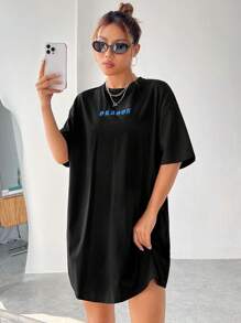 SHEIN EZwear Đầm Thú vật Lá thư Giải trí - màu đen - Xem 3