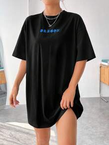 SHEIN EZwear Đầm Thú vật Lá thư Giải trí - màu đen - Xem 4