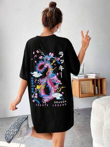 SHEIN EZwear Đầm Thú vật Lá thư Giải trí - màu đen - Xem 1