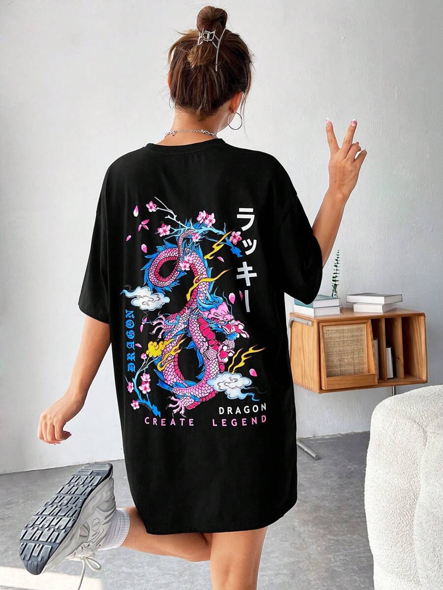 SHEIN EZwear Đầm Thú vật Lá thư Giải trí - màu đen - Xem 1