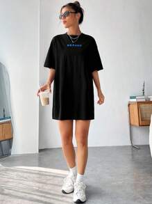 SHEIN EZwear Đầm Thú vật Lá thư Giải trí - màu đen - Xem 6