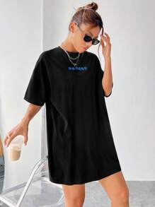 SHEIN EZwear Đầm Thú vật Lá thư Giải trí - màu đen - Xem 7