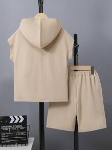 SHEIN 2pcs/Set Tween Boys Khaki Casual Streetwear Loose Fit Hooded Short-Sleeved T-Shirt & Shorts With Wide Shoulders For Spring