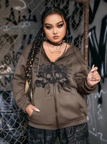 ROMWE Grunge Punk 加大码骷髅印花拉链落肩抽绳保暖内衬卫衣 - 摩卡棕 - 查看 1