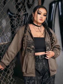 ROMWE Grunge Punk 加大码骷髅印花拉链落肩抽绳保暖内衬卫衣 - 摩卡棕 - 查看 3