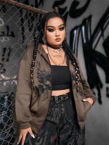 ROMWE Grunge Punk 加大码骷髅印花拉链落肩抽绳保暖内衬卫衣 - 摩卡棕 - 查看 5