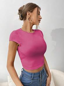 SHEIN Essnce Áo thun nữ Lộ Lưng màu trơn Gợi cảm - Màu Hồng Tươi - Xem 6