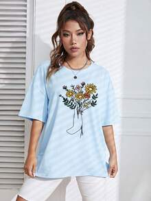 SHEIN EZwear 花卉圖案和手掌圖案落肩T恤 - 淺藍色 - 查看 3