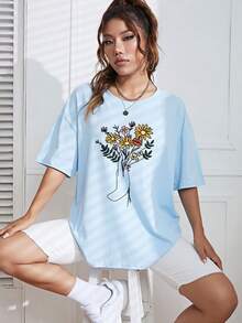 SHEIN EZwear 花卉圖案和手掌圖案落肩T恤 - 淺藍色 - 查看 4