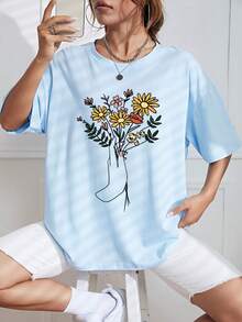 SHEIN EZwear 花卉圖案和手掌圖案落肩T恤 - 淺藍色 - 查看 6