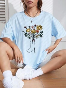 SHEIN EZwear 花卉圖案和手掌圖案落肩T恤 - 淺藍色 - 查看 7
