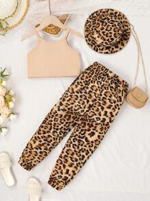 小女童素色吊帶上衣&豹紋印花長褲&帽 - 卡其色 - 查看 2