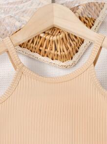 小女童素色吊帶上衣&豹紋印花長褲&帽 - 卡其色 - 查看 4