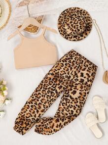 小女童素色吊帶上衣&豹紋印花長褲&帽 - 卡其色 - 查看 8